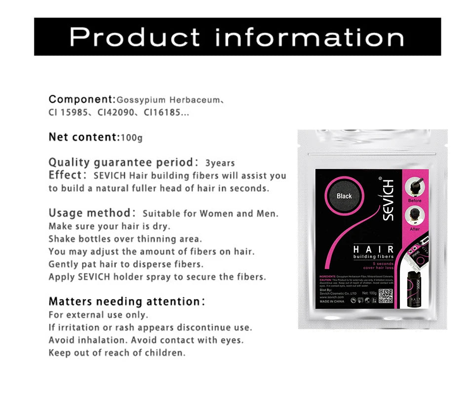 SEVICH 100g Hair Fibers Refill Bag Bald Extension Hair Growth Powder Salon Professional Hair Treatment Unisex Hair Loss Products