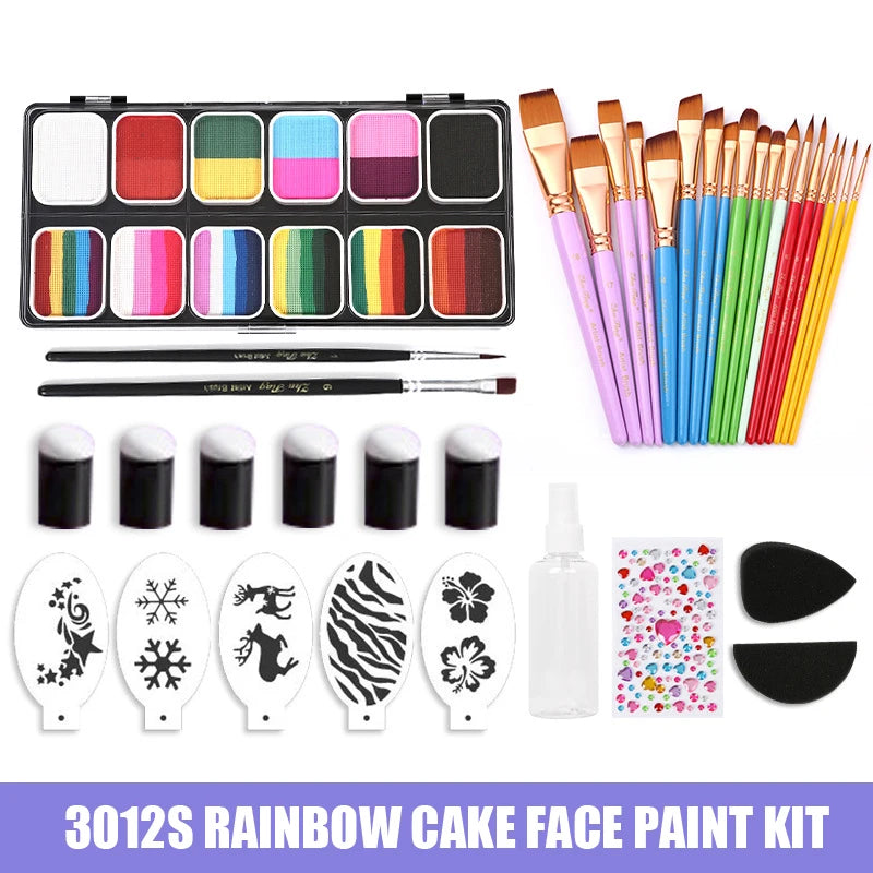 Professional Water Activated 12 Colors Rainbow Cake Face Painting Set With Brush Body Art Makeup Kit For Kids Halloween Chrismas