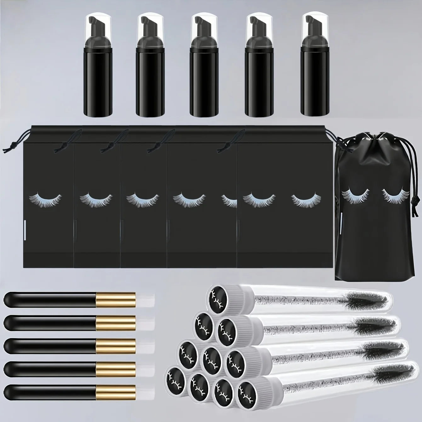 20Pcs Lash Care Kit - 5 Foam Pumps + 5 Detail Brushes + 5 Wand Applicators + 5 Storage Bags | Salon Hygiene Travel Set