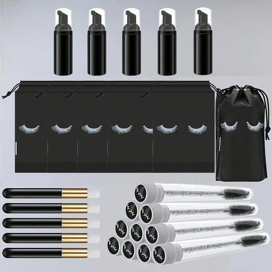20Pcs Lash Care Kit - 5 Foam Pumps + 5 Detail Brushes + 5 Wand Applicators + 5 Storage Bags | Salon Hygiene Travel Set