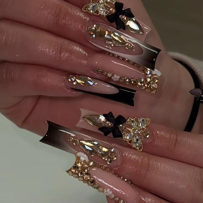 24Pcs Long Square Head Nails Set Press on Lollipop Rhinestone Design Fake Nails Blue French Wearable Full Cover False Nails Tips