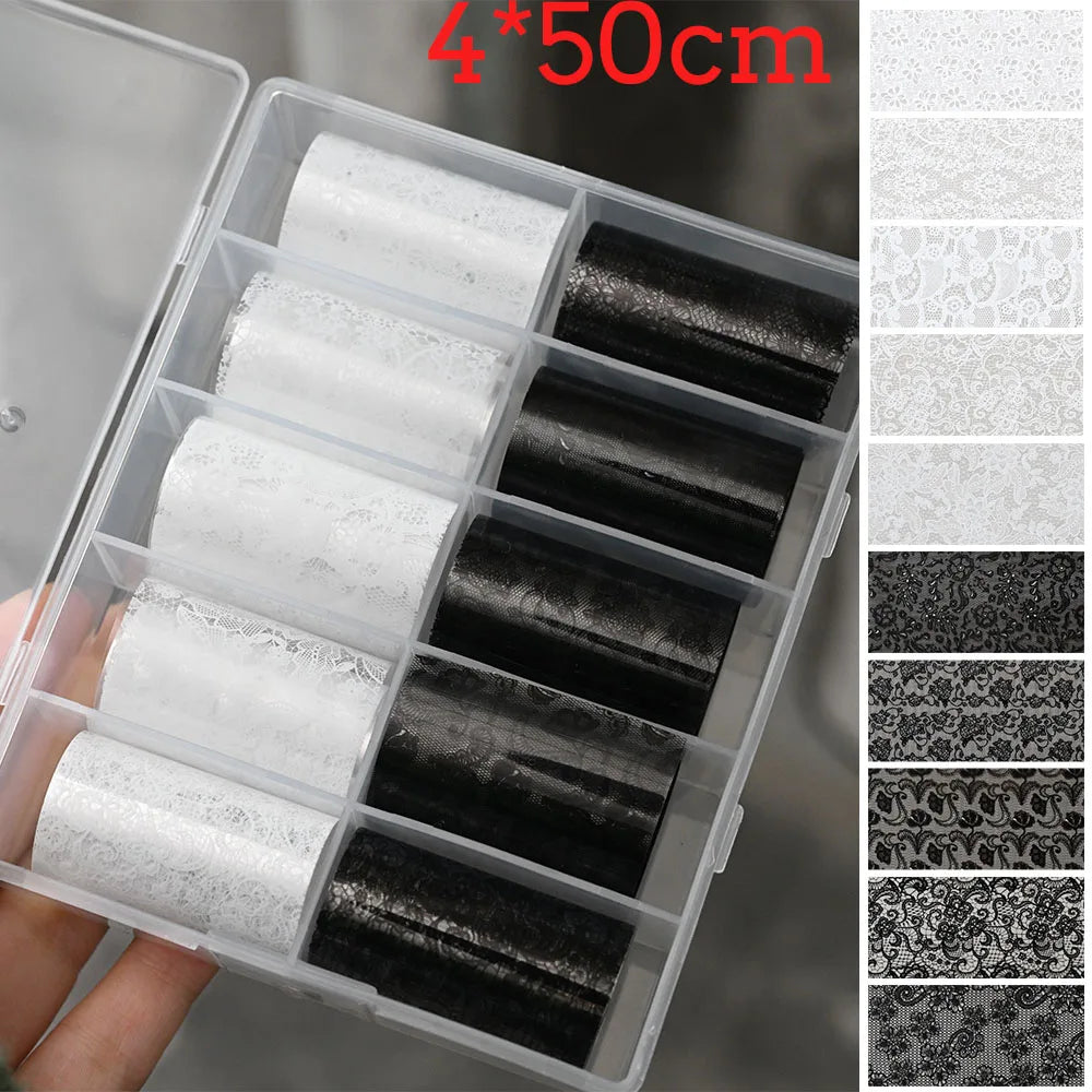 10 Rolls 2.5*50cm Black White Lace Nail Transfer Foil Lace Flower Nail Art Sexy Full Wraps Floral Transfer Paper Nail Decoration