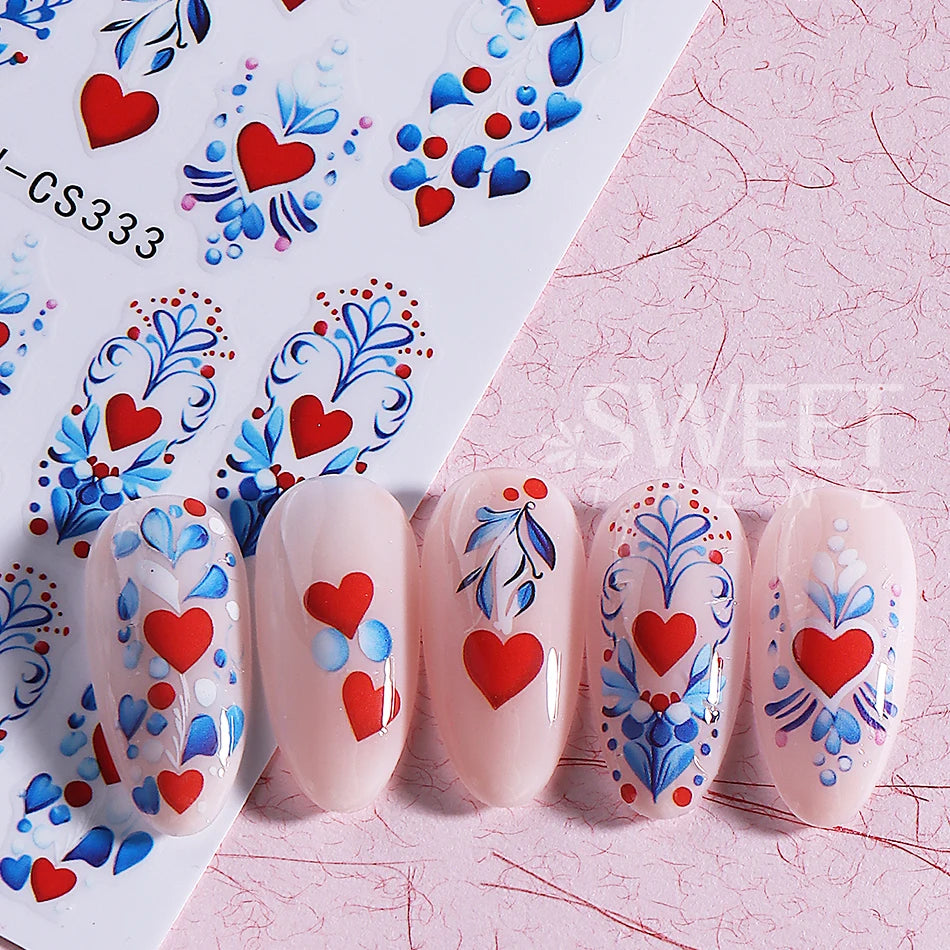 3pcs Valentine's Nail Art Stickers Red Love Heart Petals Leaf Simple Line Adhesive Nail Decals DIY Manicure Decoration Sliders