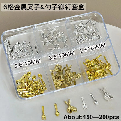 Gun Black Square Rivet Metal Round Ball Cone Alloy Fork Spoon Punk Stars Bowknot Pearl Nail Art Accessories Decorations Manicure