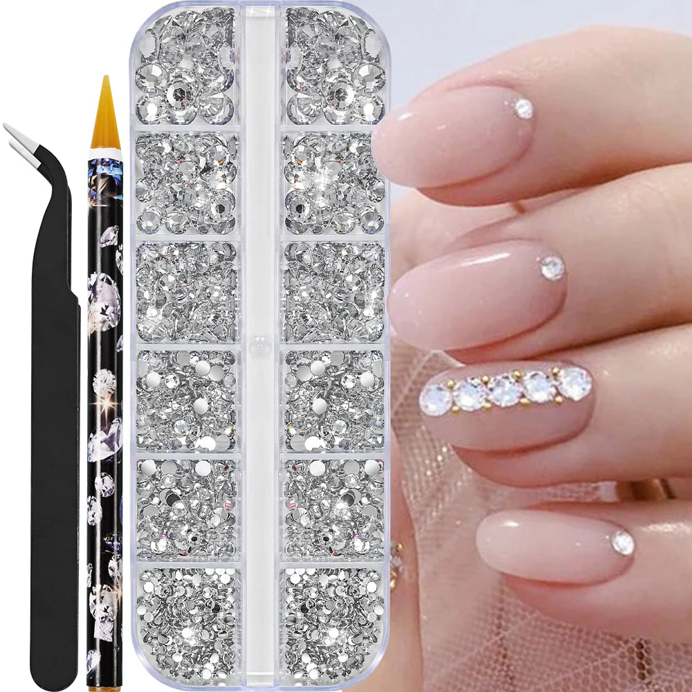 12Grids Mixed-Shape Crystal Nail Art Rhinestones Pink/Red Flatback Nail Gems Luxury Diamond Glass Stones Manicure Decoration