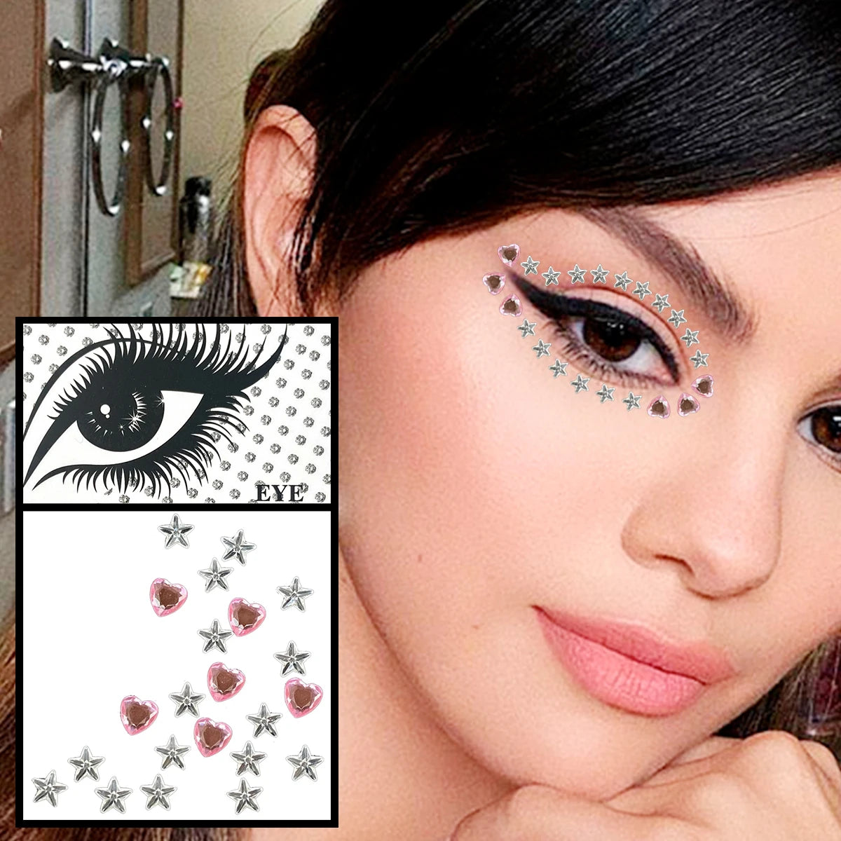 Red Heart Face Jewelry Temporary Tattoos Eye Forehead Diamonds Jewels Makeup Sticker Sparkle Water Drop Gems Nail Art Festival