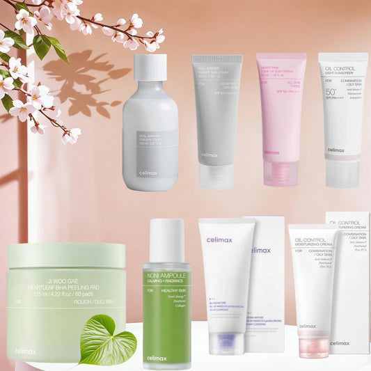 Korean Celimax Skincare Set Dual Barrier Toner, BHA Peeling Pad, Antioxidant Noni Ampoule, SPF50+ Sunscreen, Centella Face Cream