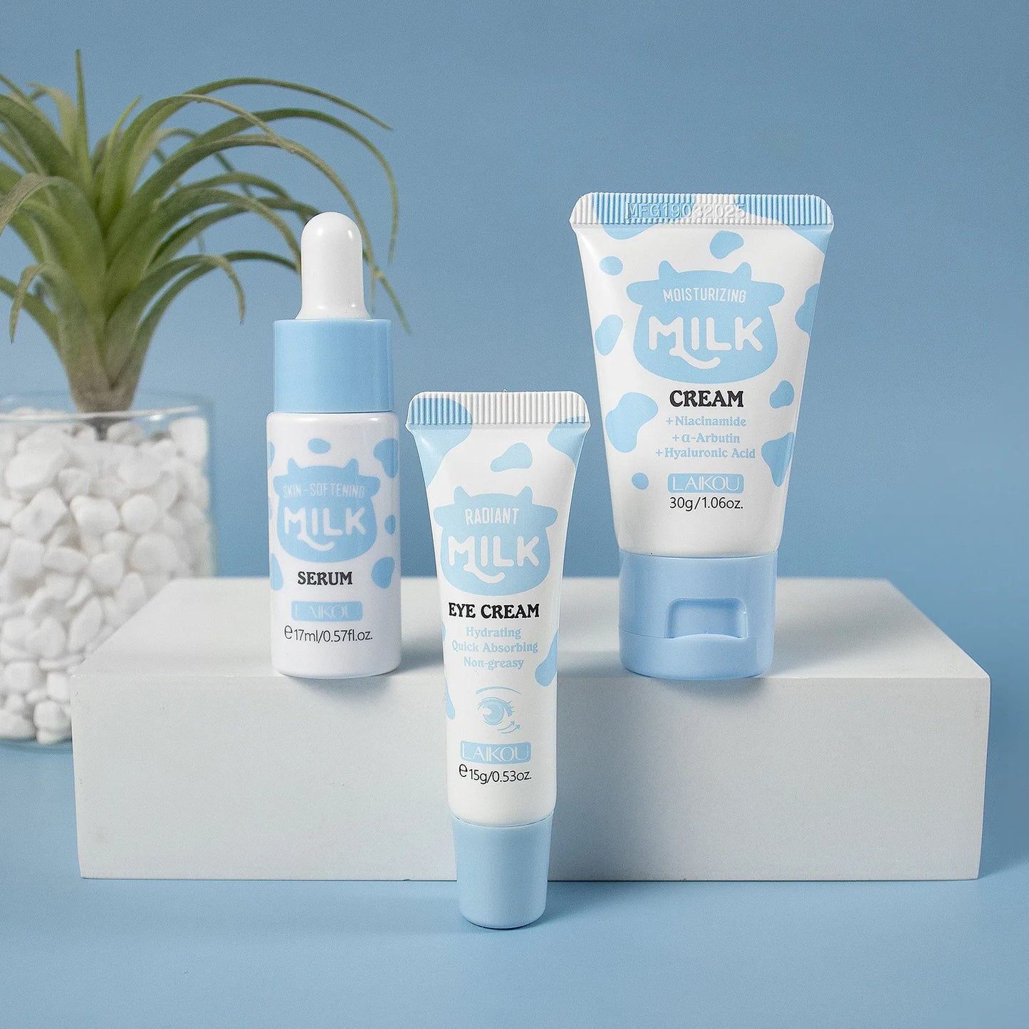 Deep Hydration Milk Skincare Set Softening Serum Gentle Eye Cream Radiant Moisturizing Glowing Trio