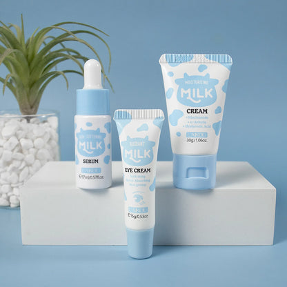Deep Hydration Milk Skincare Set Softening Serum Gentle Eye Cream Radiant Moisturizing Glowing Trio