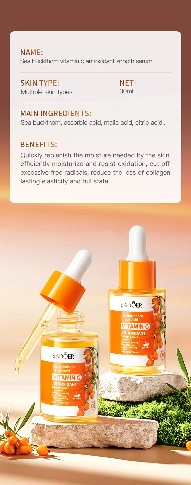 SADOER Sea Buckthorn Vitamin C Facial Serum: Brightening Anti-Aging Skin Repair Essence 30ml