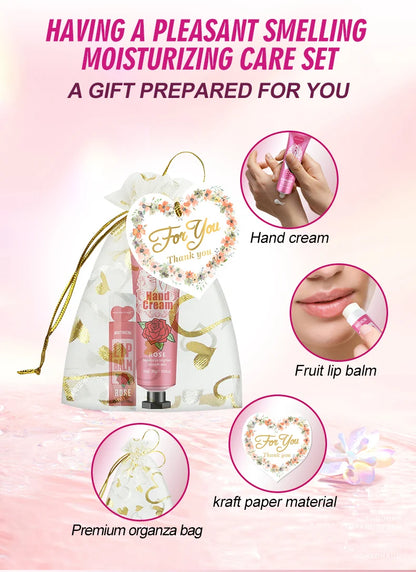 Gift set 48 sets/box, 12 kinds of scented lip balm and hand cream set with mesh bag and thank you card party gift