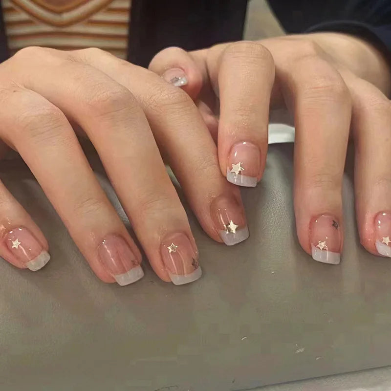 24Pcs Short Square Head False Nails White Line Rhinestone Design Full Cover Nails Tips for Woman Detachable Press on Fake Nails