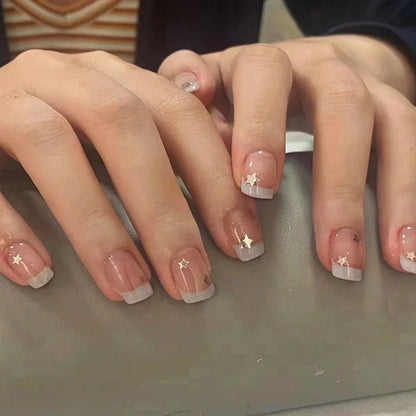 24Pcs Short Square Head False Nails White Line Rhinestone Design Full Cover Nails Tips for Woman Detachable Press on Fake Nails