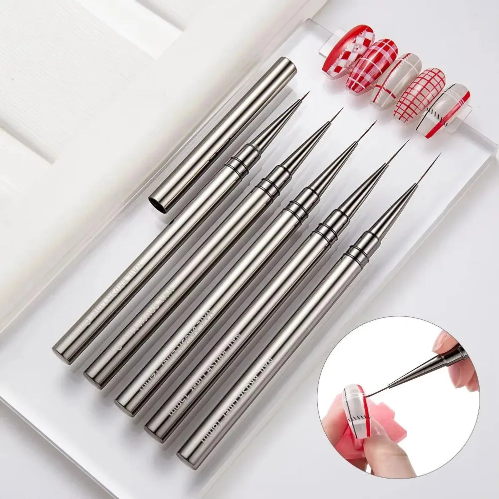 5PCS 6/9/12/15/18mm Nail Liner Brush Set Drawing Lines Stripe Painting Flower Pen Nail Art Manicure Metal Handle Brush Set