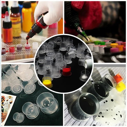 100Pcs Disposable Tattoo Ink Cups with Base - 4 Sizes Clear Plastic Pigment Caps for Tattoo Supplies PMU