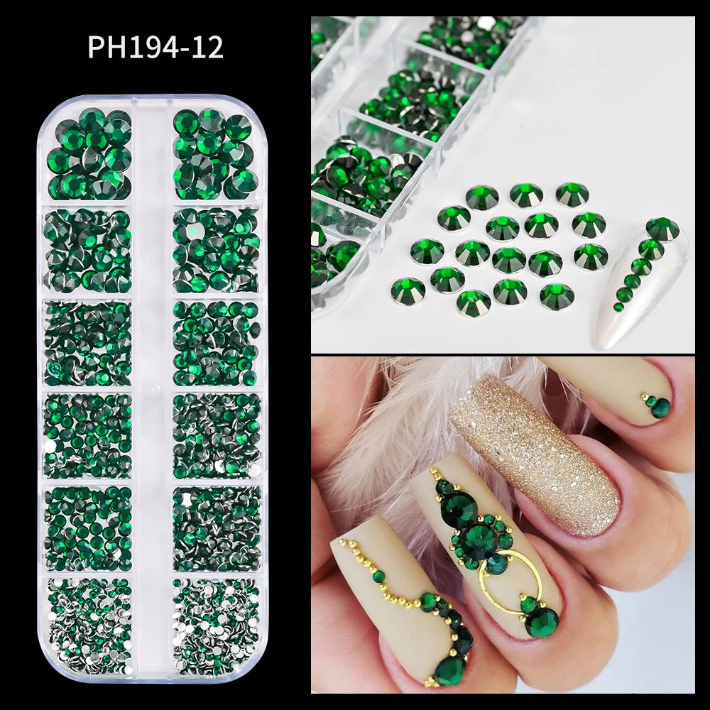 12Grids Mixed-Shape Crystal Nail Art Rhinestones Pink/Red Flatback Nail Gems Luxury Diamond Glass Stones Manicure Decoration