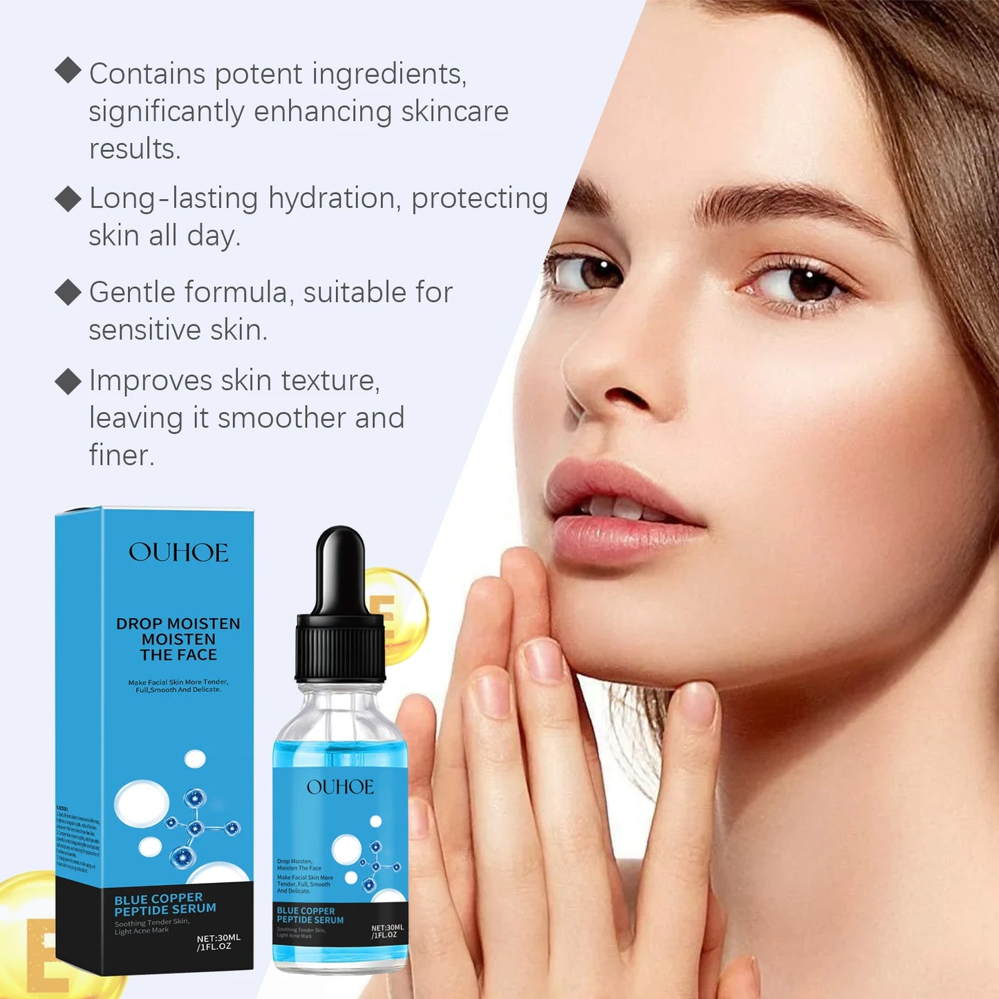 OUHOE Blue Copper Peptide Facial Serum Deep Moisturizing Lock in Water Making Skin Softer Restore Radiant for Daily Skin Care