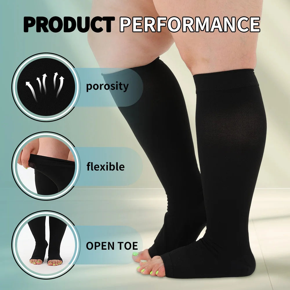 Legbeauty Plus Size Compression Socks Women Wide Calf Open Toe Graduated Medical Support Stockings Toeless Flight Pressure Socks
