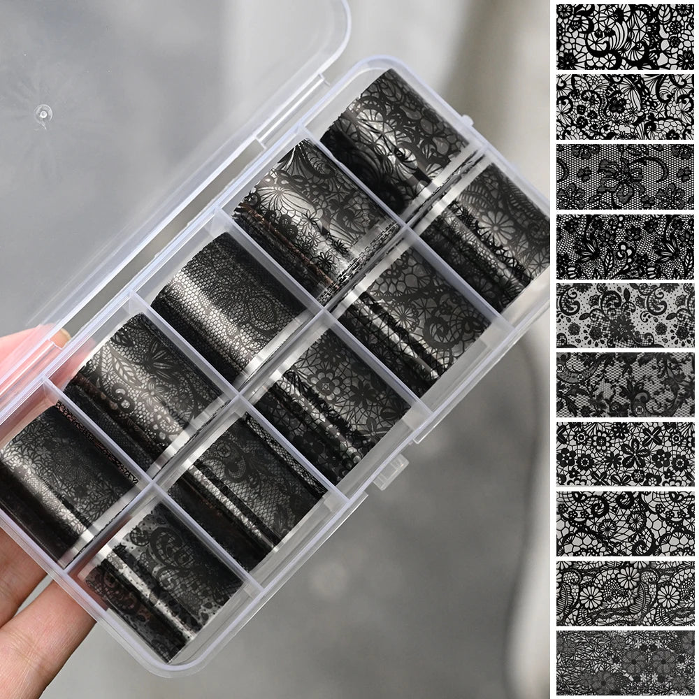10 Rolls 2.5*50cm Black White Lace Nail Transfer Foil Lace Flower Nail Art Sexy Full Wraps Floral Transfer Paper Nail Decoration