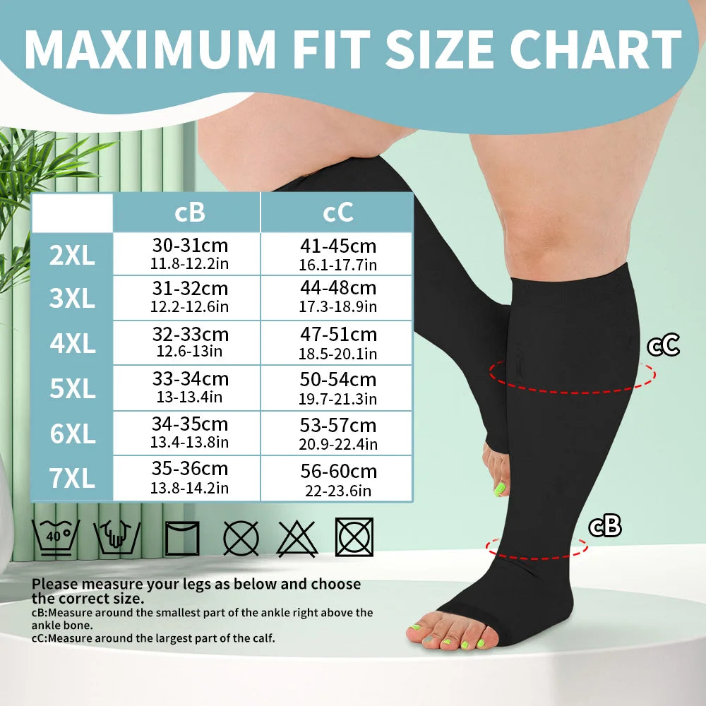 Legbeauty Plus Size Compression Socks Women Wide Calf Open Toe Graduated Medical Support Stockings Toeless Flight Pressure Socks