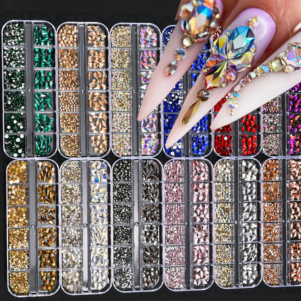 12Grids Mixed-Shape Crystal Nail Art Rhinestones Pink/Red Flatback Nail Gems Luxury Diamond Glass Stones Manicure Decoration