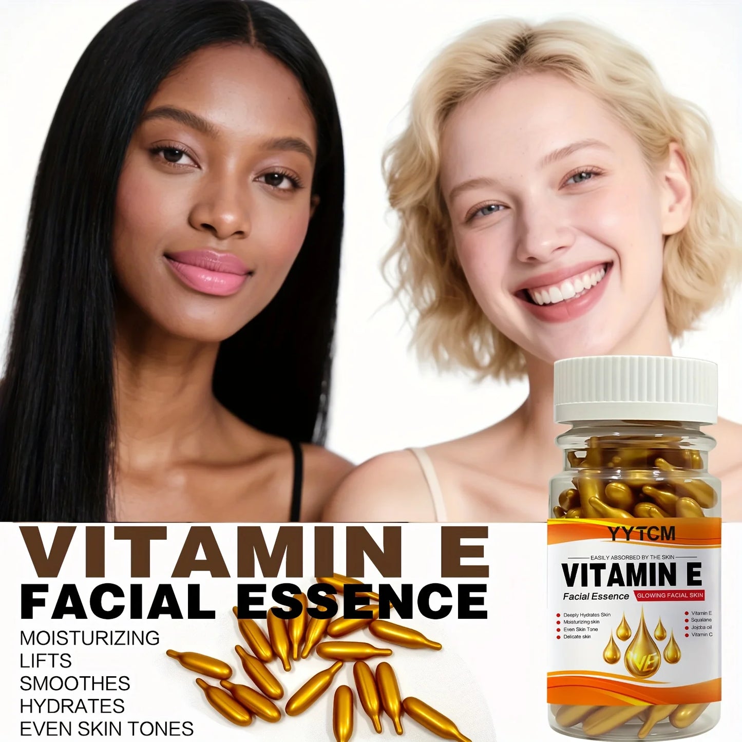 Vitamin E Deep Moisturizing Capsule Essence, Hydrates and Smoothes the Skin, Contains Plant-Based Squalane, Vitamin C, Deep Hydrating and Brightening Skin Essence (0.4g X 90 Capsules)/Bottle-1 Bottle
