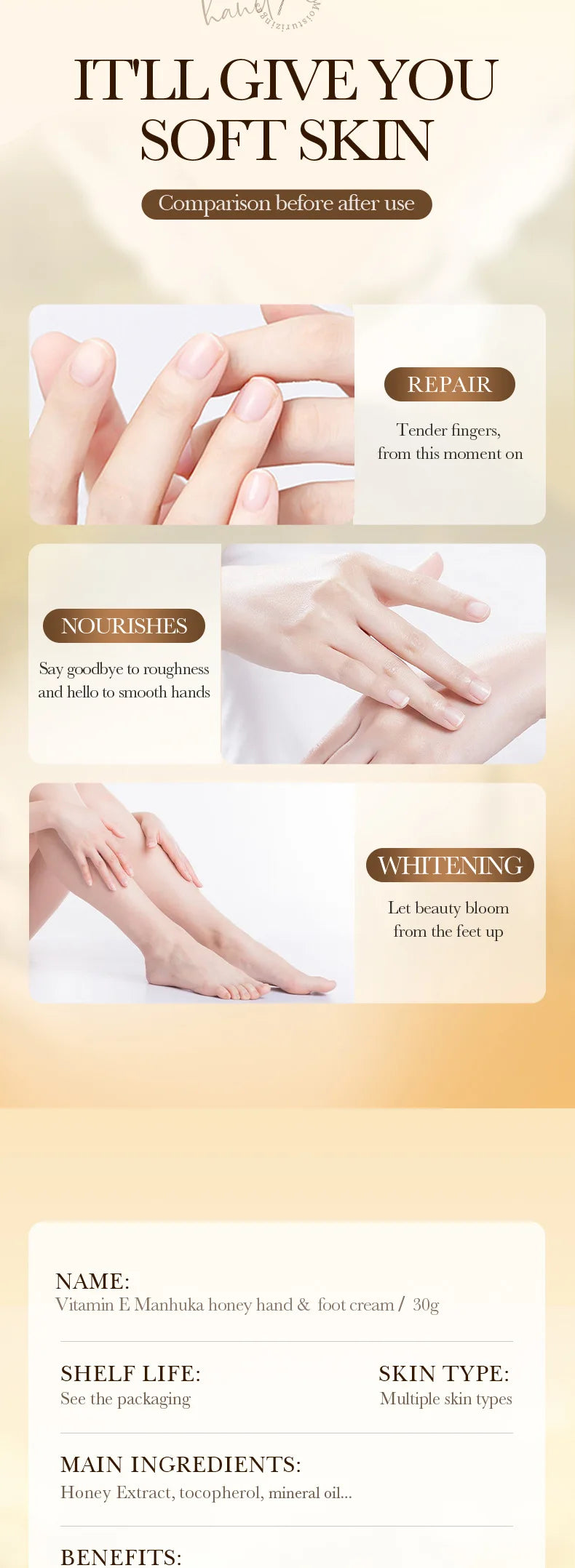 BIOAQUA Honey Hand & Foot Cream Moisturizing Anti Cracking Whitening Anti Wrinkles Anti-Aging Hands Skin Care Products