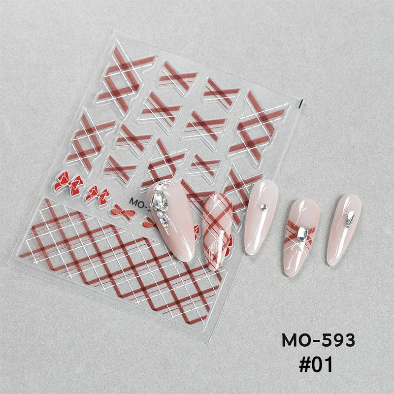 1pc Retro White Lace Bowknot Rose 5D Embossed Reliefs Heart Self Adhesive Nail Art Stickers Vintage Grid Pattern Manicure Decals