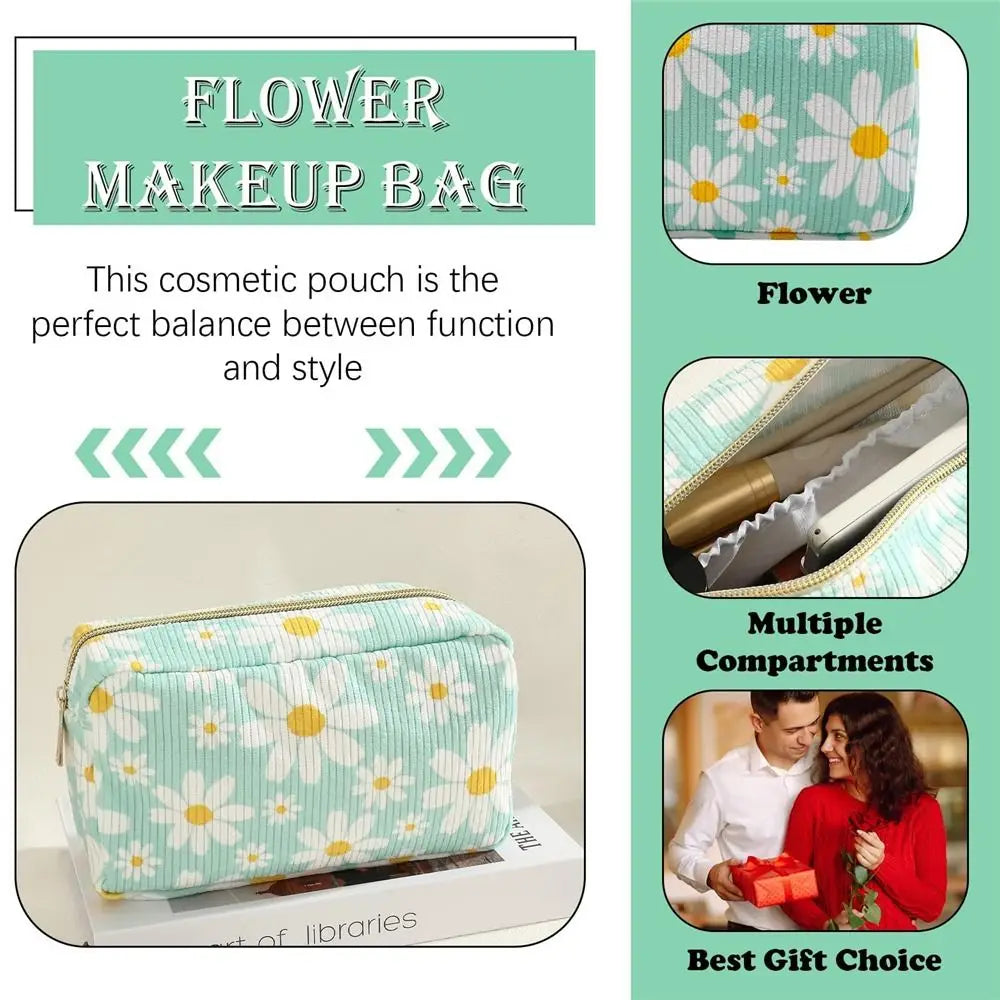 Trendy Large Capacity Corduroy Makeup Bag Travel Printed Toiletry Organizer Bag Makeup Brush Skincare Storage Bag for Women