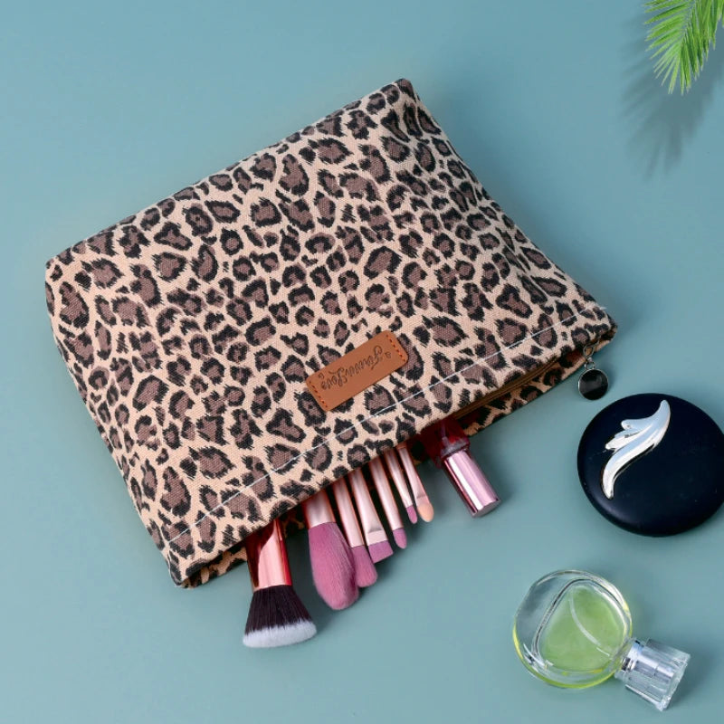 Leopard Print Large Makeup Bag - Stylish cute Toiletry Organizer handbag for women girls