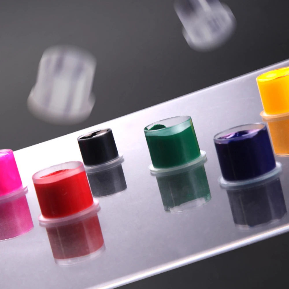 100Pcs Disposable Tattoo Ink Cups with Base - 4 Sizes Clear Plastic Pigment Caps for Tattoo Supplies PMU