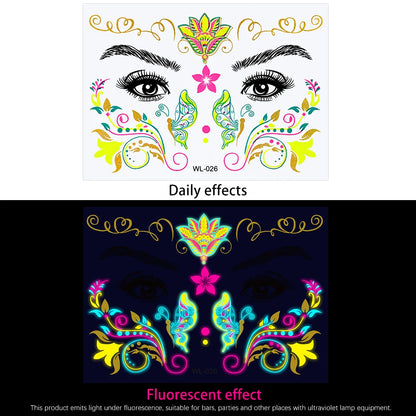 28Pcs Gold Glitter Powder Fluorescent Waterproof Face Tattoo 14x15cm Butterfly/Flowers Makeup Sticker DIY Party Neon Face Decal