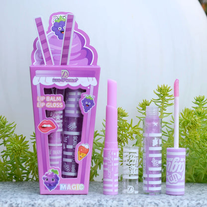 Cute Ice Cream Shiny Lip Gloss Lip Balm Set Girls Woman Waterproof Longlasting Natural Moisturizing Lips Makeup