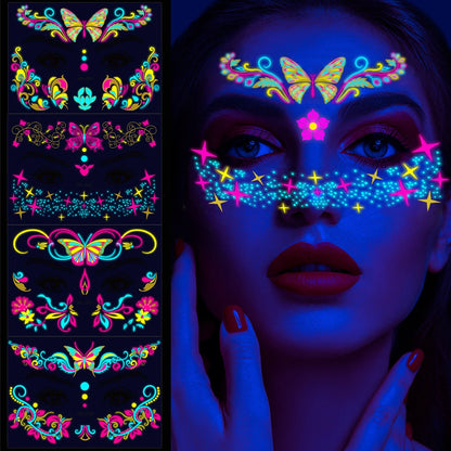 28Pcs Gold Glitter Powder Fluorescent Waterproof Face Tattoo 14x15cm Butterfly/Flowers Makeup Sticker DIY Party Neon Face Decal