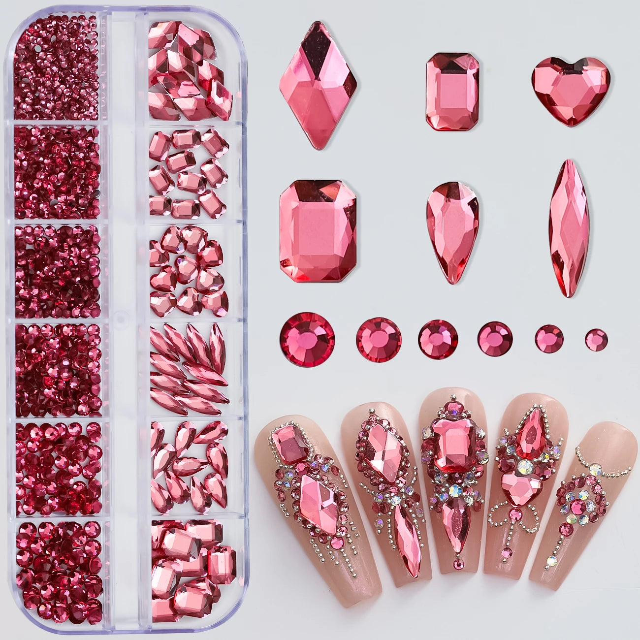 12Grids Mixed-Shape Crystal Nail Art Rhinestones Pink/Red Flatback Nail Gems Luxury Diamond Glass Stones Manicure Decoration