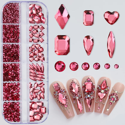 12Grids Mixed-Shape Crystal Nail Art Rhinestones Pink/Red Flatback Nail Gems Luxury Diamond Glass Stones Manicure Decoration