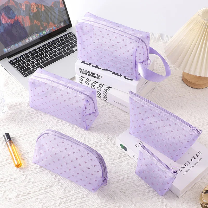 Heart Transparent Mesh Makeup Bag Multifunction Portable Women Cosmetic Storage Pouch Ladies Toiletry Lipstick Organizer Bags