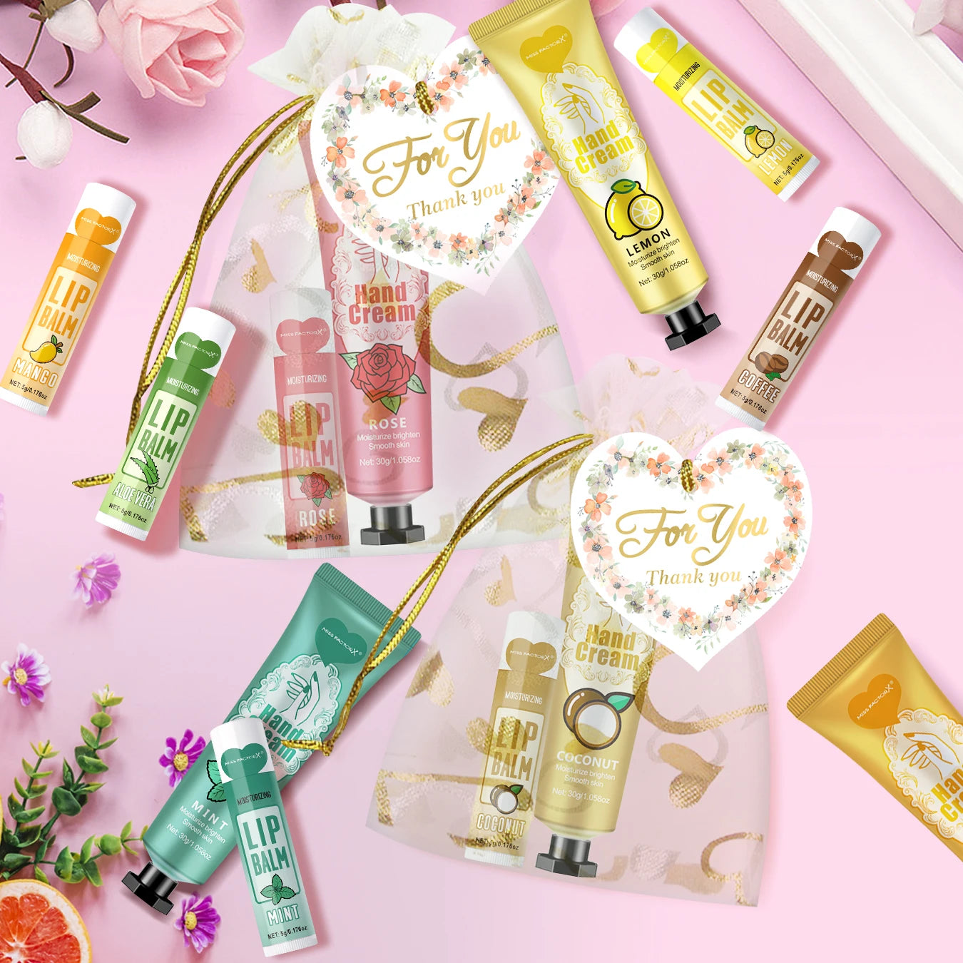 Gift set 48 sets/box, 12 kinds of scented lip balm and hand cream set with mesh bag and thank you card party gift