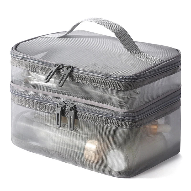 Travel 2 Layers Cosmetic Organizer Bag Transparent Folding Mesh Zipper Storage Pouch Large Capacity Makeup Wash Kit Bag 2024