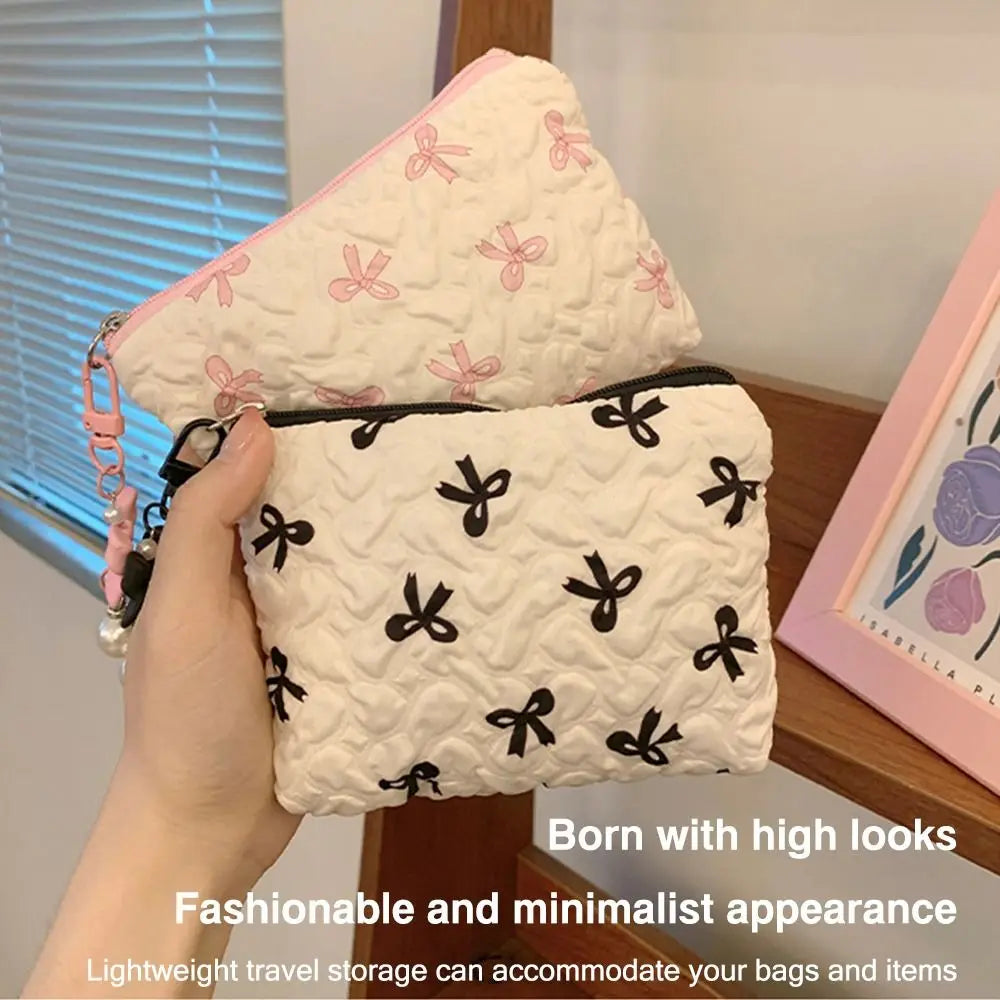 Cotton Makeup Bag for Women Quilted Travel Cosmetic Bag Girls' Make Up Organizer Portable Little Bow Makeup Pouch