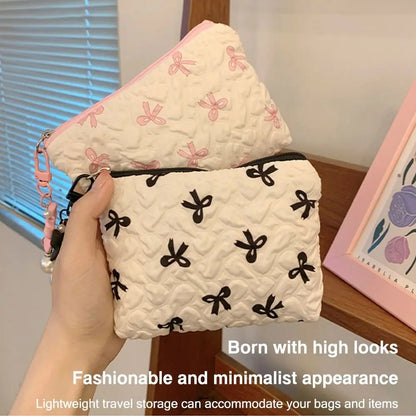 Cotton Makeup Bag for Women Quilted Travel Cosmetic Bag Girls' Make Up Organizer Portable Little Bow Makeup Pouch