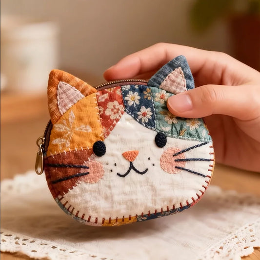 Waterproof Patchwork Coin Purse Cat Zipper Design Small Cosmetic Pouch Makeup Bag Home Travel