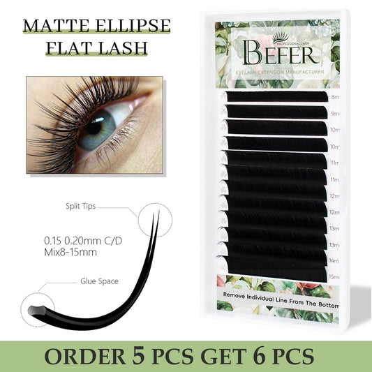 Befer Matte Ellipse Flat Lashes Extension Split-Tips Individual False Eyelash Mix8-15 Soft Ellipse Wires Professionals Supplies