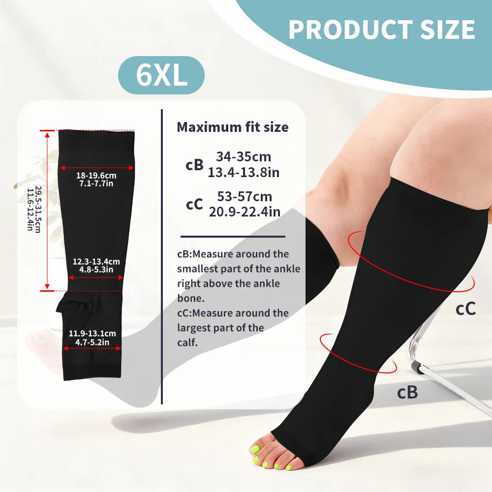 Legbeauty Plus Size Compression Socks Women Wide Calf Open Toe Graduated Medical Support Stockings Toeless Flight Pressure Socks