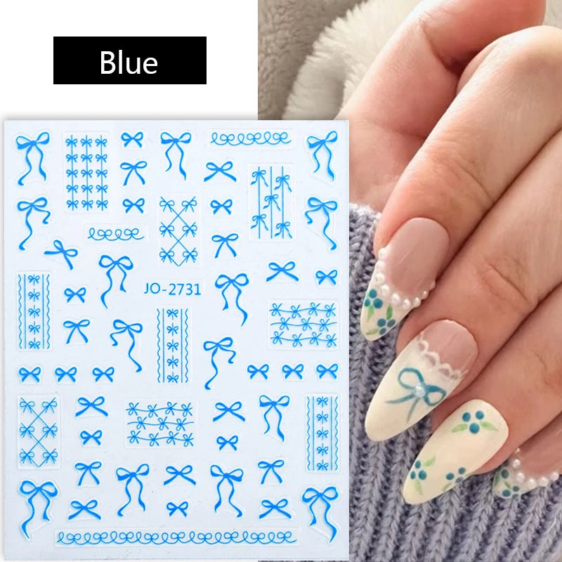 1pc Retro White Lace Bowknot Rose 5D Embossed Reliefs Heart Self Adhesive Nail Art Stickers Vintage Grid Pattern Manicure Decals