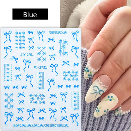 1pc Retro White Lace Bowknot Rose 5D Embossed Reliefs Heart Self Adhesive Nail Art Stickers Vintage Grid Pattern Manicure Decals