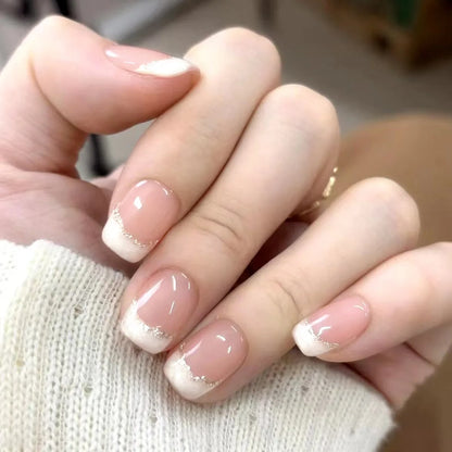 24Pcs Short Square Head False Nails White Line Rhinestone Design Full Cover Nails Tips for Woman Detachable Press on Fake Nails