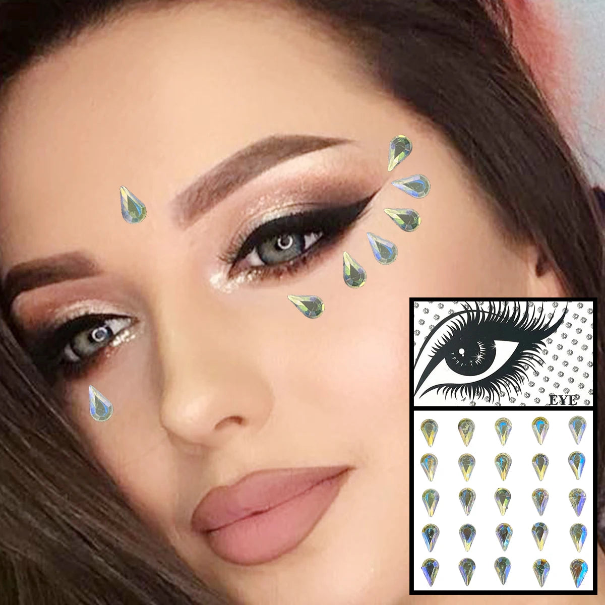 Red Heart Face Jewelry Temporary Tattoos Eye Forehead Diamonds Jewels Makeup Sticker Sparkle Water Drop Gems Nail Art Festival