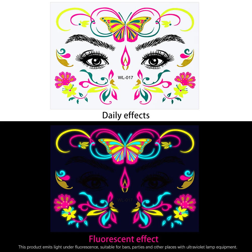 28Pcs Gold Glitter Powder Fluorescent Waterproof Face Tattoo 14x15cm Butterfly/Flowers Makeup Sticker DIY Party Neon Face Decal