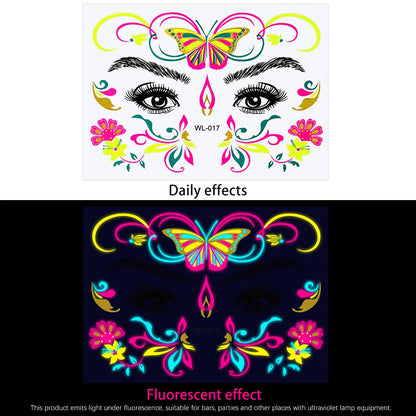 28Pcs Gold Glitter Powder Fluorescent Waterproof Face Tattoo 14x15cm Butterfly/Flowers Makeup Sticker DIY Party Neon Face Decal